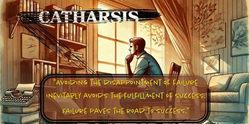 Illustrated in a warm and thoughtful style, a man sitting at a desk writing on a computer. Along the top, in stylized scratched out letters, "Catharsis." Along the bottom, a quote from the article, "Avoiding the disappointment of failure inevitably avoids the fulfillment of success. Failure paves the road to success."