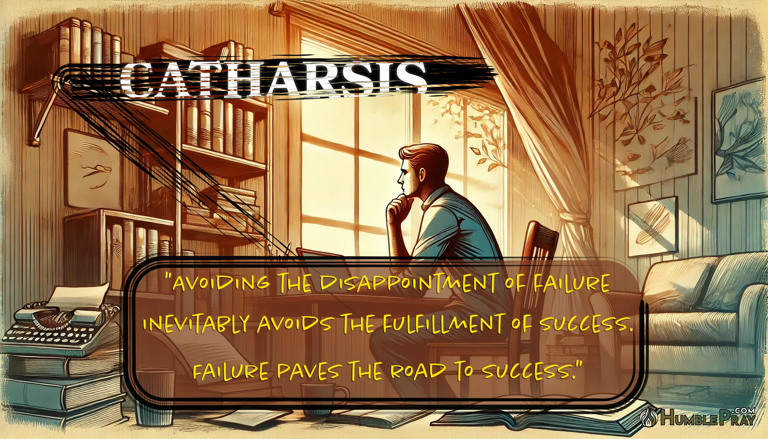 Illustrated in a warm and thoughtful style, a man sitting at a desk writing on a computer. Along the top, in stylized scratched out letters, "Catharsis." Along the bottom, a quote from the article, "Avoiding the disappointment of failure inevitably avoids the fulfillment of success. Failure paves the road to success."