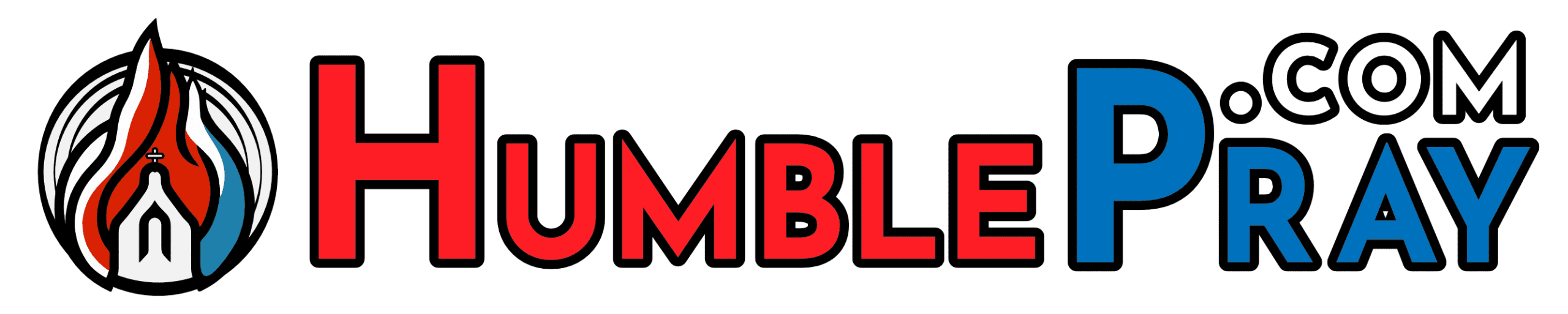 America, Humble Yourselves and Pray Wordmark Logo, featuring the HumblePray Logo, a church within a Red, White, and Blue Flame, representing the Holy Spirit working through Christ's church. Emblazoned with "HumblePray.com"